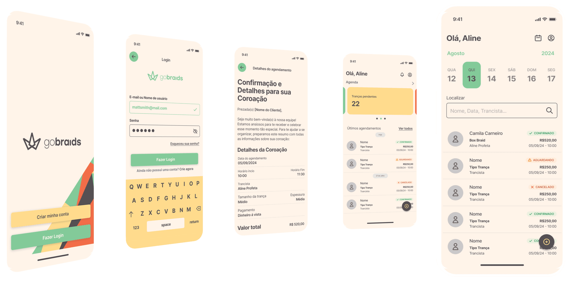 Telas do aplicativo GoBraids: login, agendamento e agenda da trancista